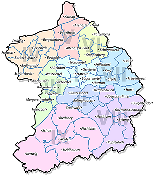 Stadtteile und Stadtbezirke der Stadt Essen an der Ruhr (Deutschland), basiert auf offiziellen Informationen der Stadt Essen. Author: Markus Baumer/Wikipedia